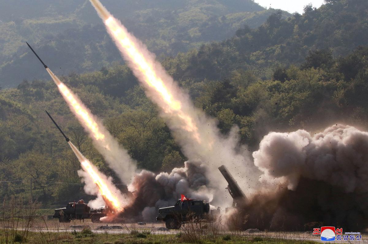 Missiles are seen launched during a military drill in North Korea, in this photo supplied by the Korean Central News Agency (KCNA) on May 10, 2019. (KCNA via Reuters)