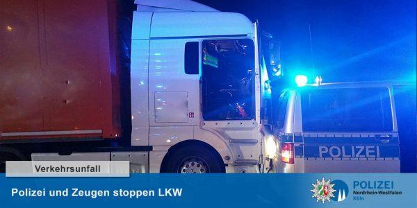 The truck brought under control by a member of the public after the driver died at the wheel on May 8, 2019. (Cologne Police)