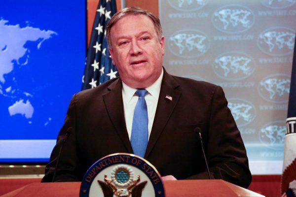 Secretary of State Mike Pompeo speaks at a press briefing at the State Department in Washington, on Aug. 16, 2018. (Charlotte Cuthbertson/The Epoch Times)