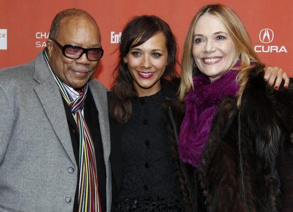 Actress Rashida Jones (C) poses with her father Quincy Jones and her mother Peggy Lipton, at the premiere of "Celeste and Jesse Forever" at the 2012 Sundance Film Festival in Park City, Utah, on Jan. 20, 2012. Lipton died of cancer at age 72. (Danny Moloshok/AP Photo, File)