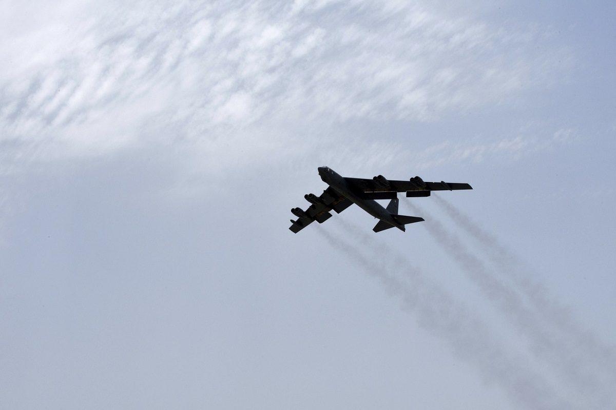 A U.S. Air Force B-52H Stratofortress aircraft assigned to the 20th Expeditionary Bomb Squadron takes off from Al Udeid Air Base, Qatar, on May 9, 2019. (Staff Sgt. Ashley Gardner, U.S. Air Force via AP)