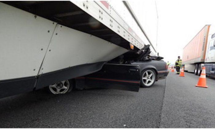 Driver Unscathed After Mustang Dragged Under Semi-Trailer for Half a Mile