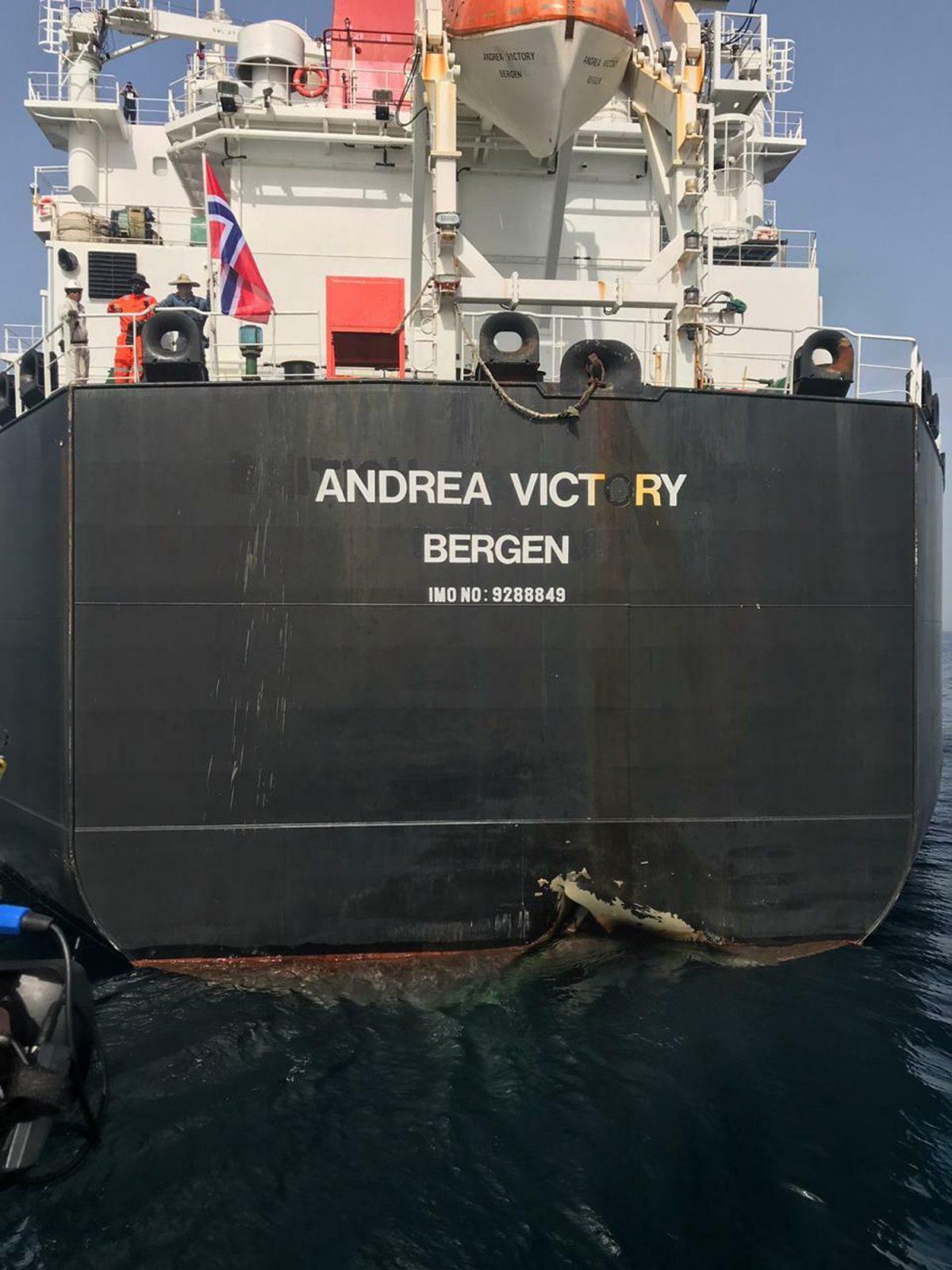 The Norwegian-flagged oil tanker MT Andrea Victory off the coast of Fujairah, United Arab Emirates, on May 13, 2019. (United Arab Emirates National Media Council via AP)