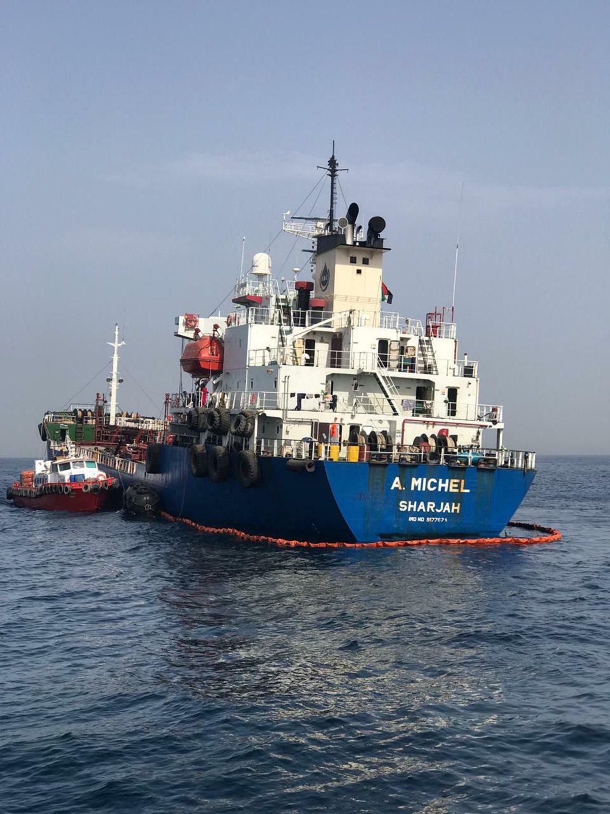 The Emirati-flagged bunkering tanker A. Michel off the coast of Fujairah, United Arab Emirates, on May 13, 2019. (United Arab Emirates National Media Council via AP)