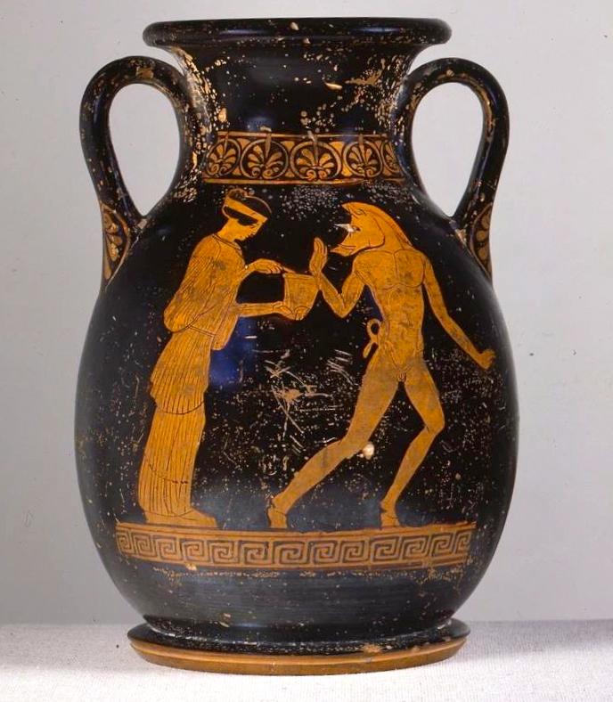 Circe and one of Odysseus’s transformed men. Athenian pelike (ceramic container), circa 5th century B.C.E. Staatliche Kunstammlungen Dresden. (Public Domain)