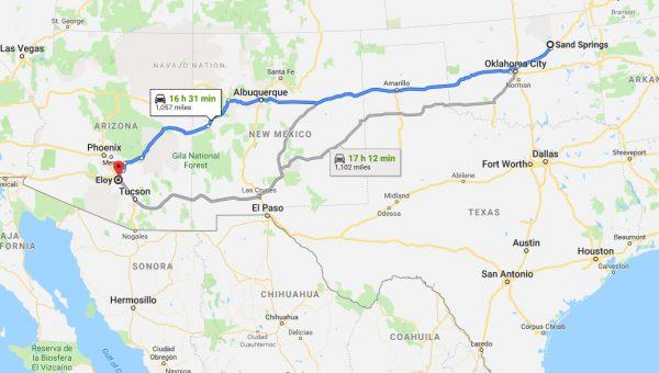 A screenshot shows the drive from Sand Springs, Oklahoma to Eloy, Arizona. (Screenshot/Googlemaps)