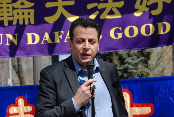 Conservative MP Ziad Aboultaif speaks during the International Falun Dafa Day celebration in Edmonton on May 11, 2019. (Pingsan Qu/The Epoch Times)