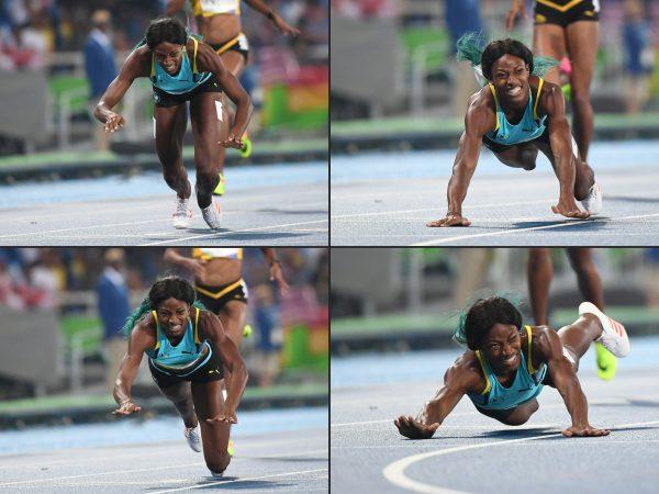 This combination of pictures shows Bahamas' Shaunae Miller diving to cross the finish line at the Olympic Stadium in Rio de Janeiro on Aug. 15, 2016. (Olivier Morin/AFP/Getty Images)