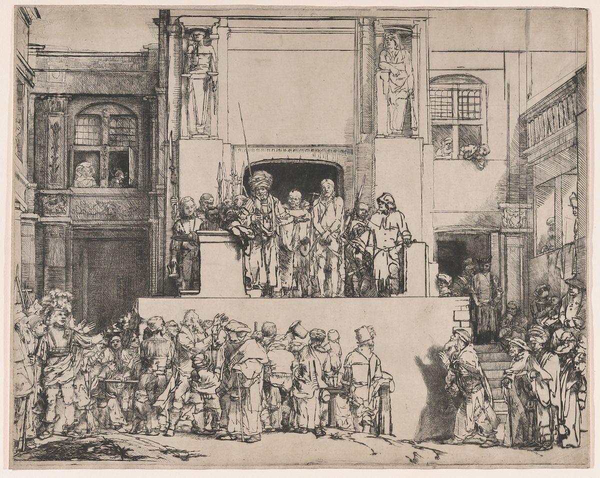 “Christ Presented to the People,” 1655, Rembrandt van Rijn. Drypoint on japan paper; fourth state of eight. Sheet: 14 5/16 inches by 17 7/8 inches. Gift of Felix M. Warburg and his family, 1941. (The Metropolitan Museum of Art)