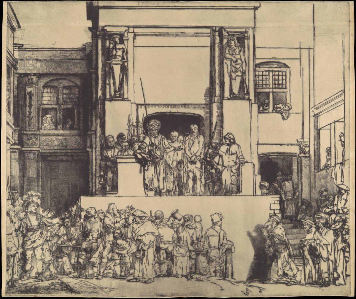 “Christ Presented to the People,” 1655, Rembrandt van Rijn. Drypoint on Japan paper; second state of eight. Plate: 15 1/8 inches by 17 11/16 inches. Gift of Felix M. Warburg and his family, 1941. (The Metropolitan Museum of Art)