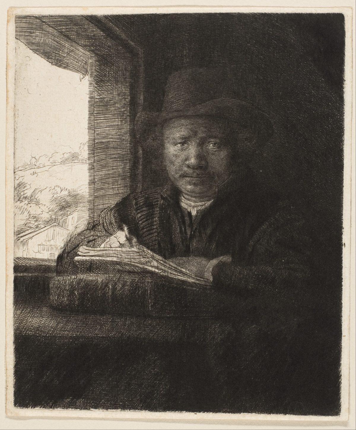 “Self-Portrait Etching at a Window,” 1648, Rembrandt van Rijn. Etching, drypoint, and burin; fourth state of nine. Sheet: 6 7/16 inches (16.3 cm). The Sylmaris Collection, gift of George Coe Graves, 1920. (The Metropolitan Museum of Art)