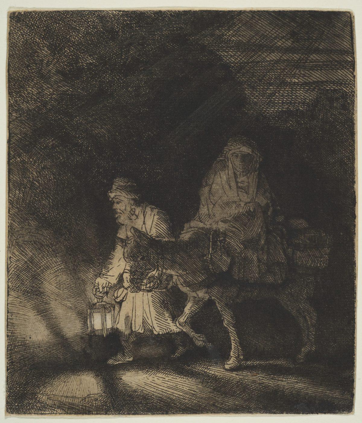 “The Flight Into Egypt: A Night Piece,” 1651, by Rembrandt van Rijn. Etching with plate tone; first state of ten. Sheet: 5 1/16 inches by 4 3/8 inches. Gift of Felix M. Warburg and his family, 1941. (The Metropolitan Museum of Art)