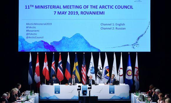 Finland's foreign minister Timo Soini (2nd L) welcomes participants attending the 11th Ministerial Meeting of the Arctic Council in Rovaniemi, Finland, on May 7, 2019. (Mandel Ngan/AFP/Getty Images)