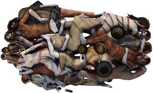A reconstruction by Polish artist, Michał Podsiadło shows the bodies in the grave were placed neatly side by side and with gifts for their last journey. But all of the corpses bare marks on their skulls and were killed brutally. (Media Release by Faculty of Science, University of Copenhagen)