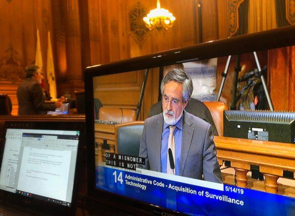 City Supervisor Aaron Peskin speaks before a vote on a surveillance technology ordinance that he sponsored, in San Francisco, Calif., on May 14, 2019. (Jeffrey Dastin/Reuters)