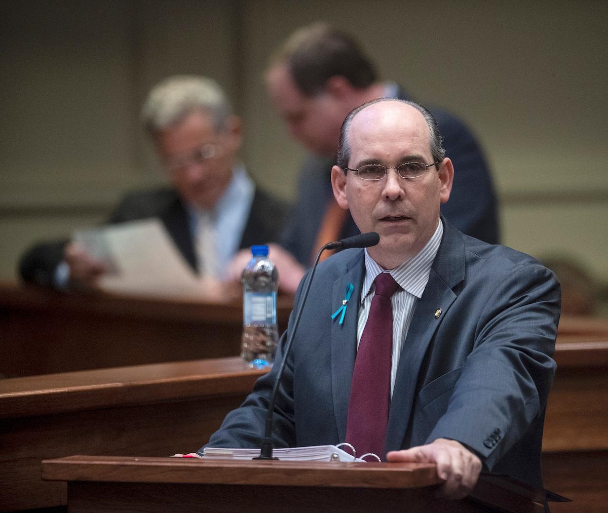 Sen. Clyde Chambliss speaks as debate on HB314 is held in the senate chamber in the Alabama Statehouse in Montgomery, Ala., on Tuesday May 14, 2019. (Mickey Welsh/Montgomery Advertiser via AP)
