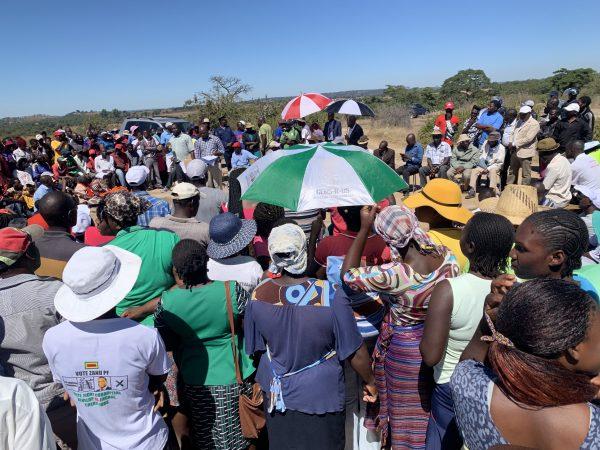 Villagers gather to discuss their concerns with a Chinese mining company in Domboshava, Zimbabwe, on May 6, 2019. (Courtesy Columbus Mavhunga)