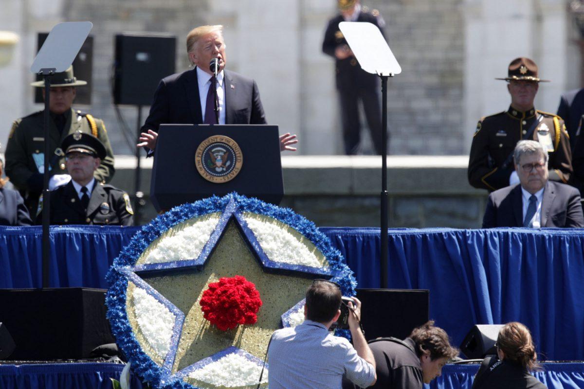 President Donald Trump speaks as Attorney General William Barr listens during the 38th Annual National Peace Officers’ Memorial Service at the west front of the Capitol in Washington on May 15, 2019. (Alex Wong/Getty Images)