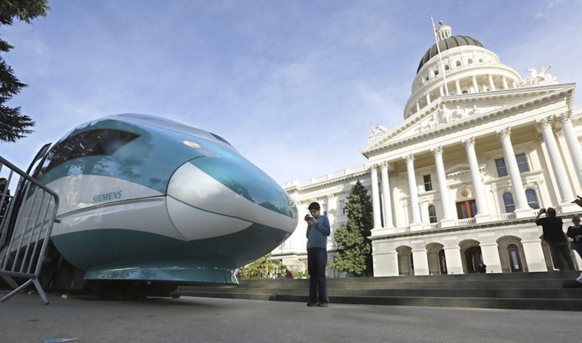 A full-scale mock-up of a high-speed train, displayed at the Capitol in Sacramento, Calif., on Feb. 26, 2015. (Rich Pedroncelli/AP Photo)