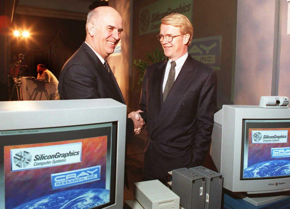 J. Phillip Samper, Chairman and CEO of Cray Research, Inc. and Edward R. McCracken, Chairman and CEO of Silicon Graphics, Inc. pose after a press conference in New York, on Feb. 23, 1996. (Mark D. Philips/AFP/Getty Images)
