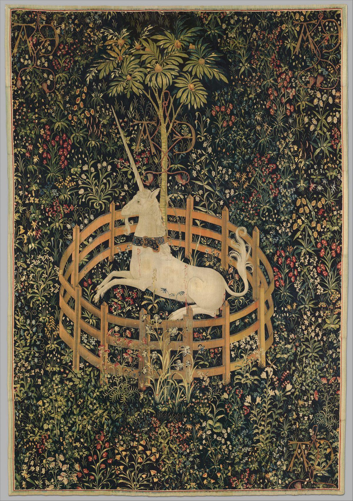 “The Unicorn in Captivity,” 1495–1505, South Netherlandish. Wool warp with wool, silk, silver, and gilt wefts; 144 7/8 inches by 99 inches. Gift of John D. Rockefeller Jr., 1937, The Met Cloisters. (The Metropolitan Museum of Art )