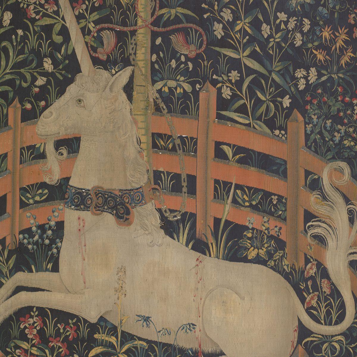 A detail from “The Unicorn in Captivity,” 1495–1505, South Netherlandish. Wool warp with wool, silk, silver, and gilt wefts; 144 7/8 inches by 99 inches. Gift of John D. Rockefeller Jr., 1937, The Met Cloisters. (The Metropolitan Museum of Art )