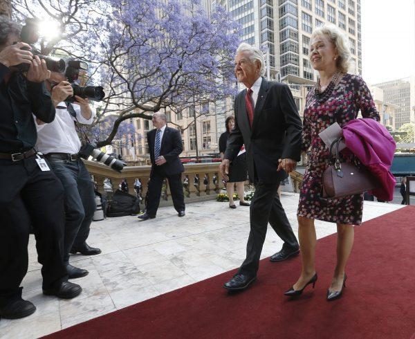 Former Australian Prime Minister Bob Hawke and his wife Blanche d'Alpuget arrive at a memorial service in honor of former Australian Prime Minister Gough Whitlam at Sydney's Town Hall, on Nov. 5, 2014. (Jason Reed/Reuters)