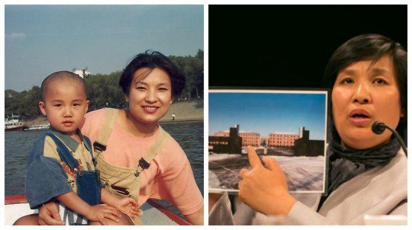 (L) Yin Liping and her son before the persecution against Falun Gong adherents began in 1999. (R) Yin Liping holds up a picture of Masanjia Forced Labor Camp at a hearing in Washington on April 14, 2016. (Lisa Fan/The Epoch Times; Minghui.org)