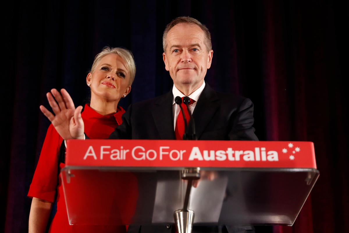 Leader of the Opposition and Leader of the Labor Party Bill Shorten, with wife Chloe Shorten, concedes defeat following the results of the Federal Election at Hyatt Place Melbourne in Melbourne, Australia, on May 18, 2019. (Ryan Pierse/Getty Images)