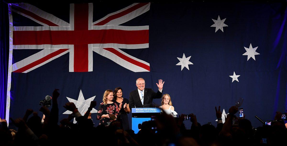 Australia's Prime Minister Scott Morrison with wife Jenny, children Abbey, and Lily after winning the 2019 Federal Election, at the Federal Liberal Reception at the Sofitel-Wentworth hotel in Sydney, Australia, May 18, 2019. (AAP Image/Dean Lewins/via Reuters)