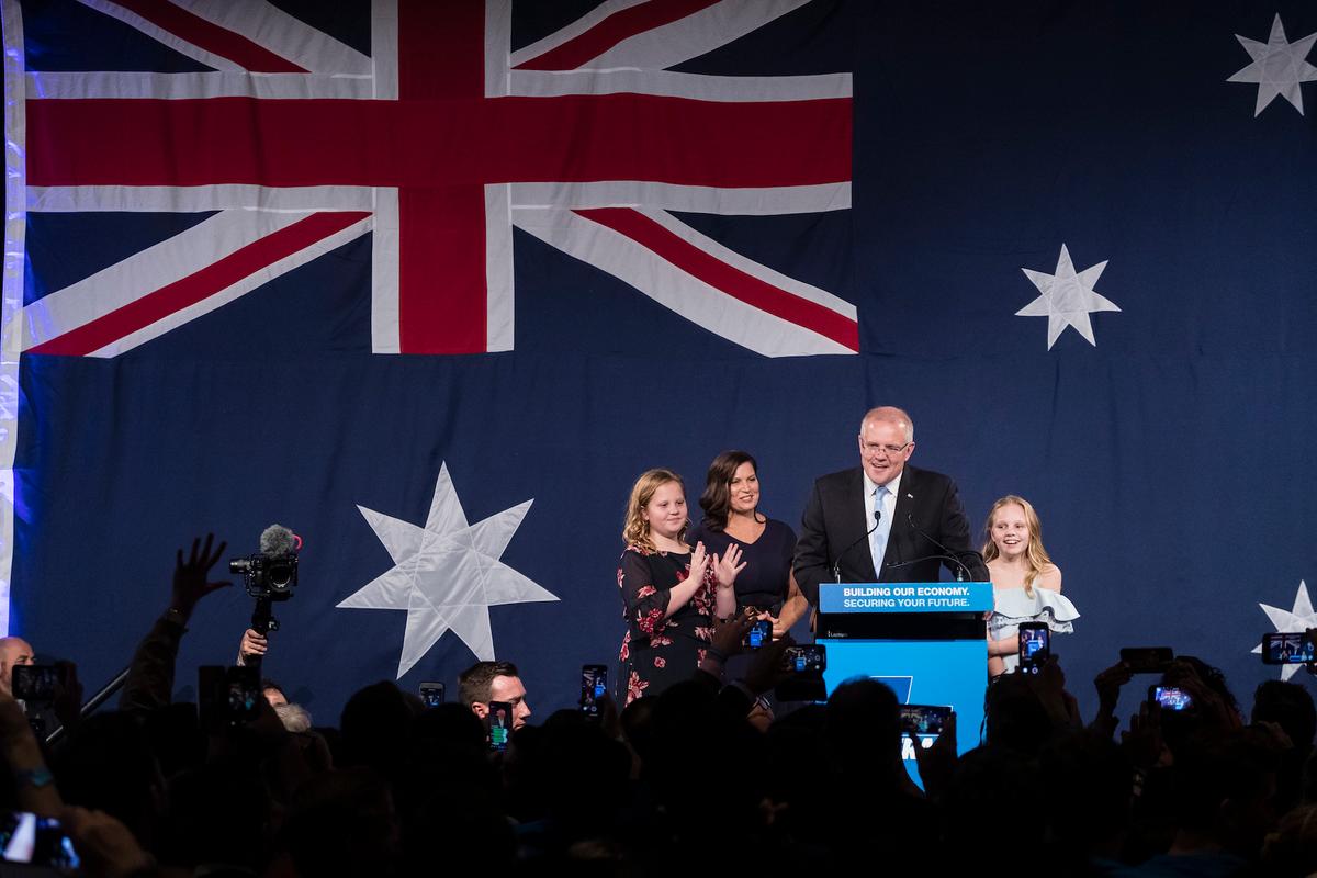 Prime Minister of Australia Scott Morrison, joined by wife Jenny and daughters Lilly and Abbey speaks at the Liberal Party reception at the Sofitel Wentworth Hotel in Sydney, Australia on May 18, 2019. (Brook Mitchell/Getty Images)