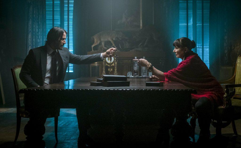 Despite its A-list cast, there is little character development in the third installment of “John Wick.” Keanu Reeves and Anjelica Huston in “John Wick: Chapter 3–Parabellum.” (Lionsgate)