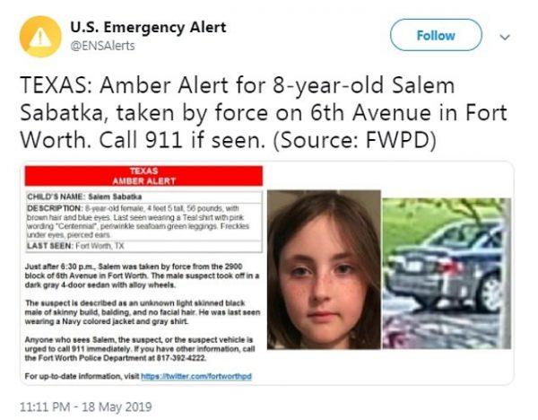 An Amber Alert issued by authorities following the girl's abduction. (Fort Worth Police / Twitter)