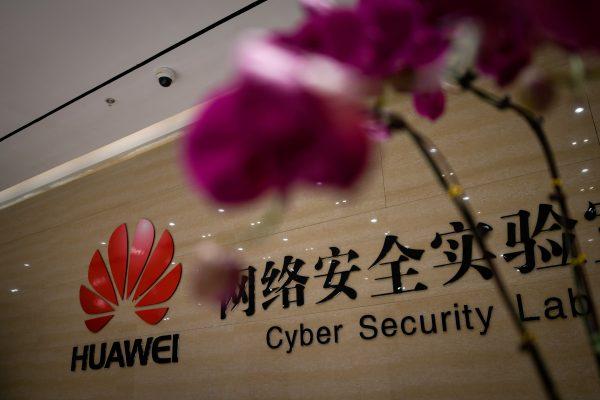 A Huawei logo is seen at the entrance of the Huawei Cyber Security Lab at a Huawei production base in Dongguan City, Guangdong Province, China, on March 6, 2019. (Wang Zhao/AFP/Getty Images)