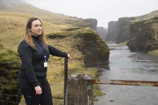 Hanna Johannsdottir, a ranger from The Environment Agency of Iceland, poses for a photograph at the mouth of the Fjadrargljufur canyon on May 1, 2019. (Egill Bjarnason/Photo via AP)
