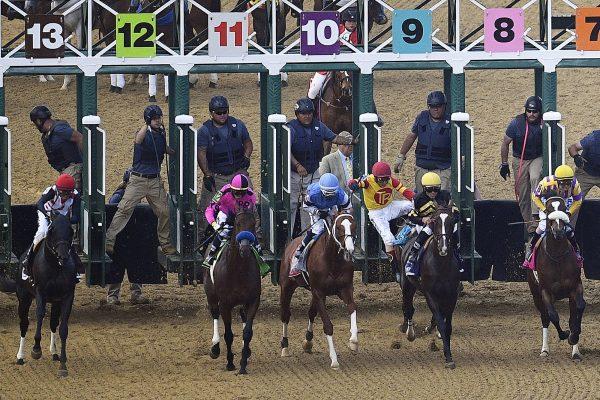 John Velazquez falls off Bodexpress at the starting gate during the 144th Preakness Stakes at Pimlico Race Course in Baltimore, on May 18, 2019. (Nick Wass/Photo via AP)