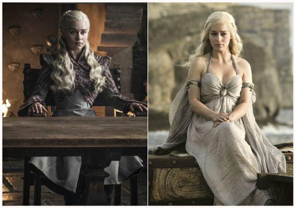 This combination photo of images released by HBO shows Emilia Clarke portraying Daenerys Targaryen in "Game of Thrones."The final episode of the popular series aired on May 19, 2019. (HBO via AP)