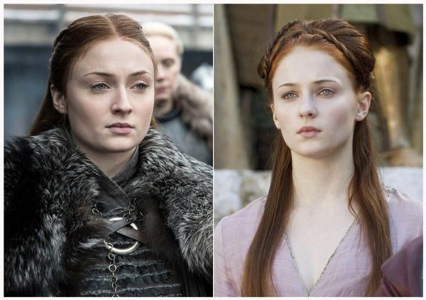 This combination photo of images released by HBO shows Sophie Turner portraying Sansa Stark in "Game of Thrones." The final episode of the popular series aired on May 19, 2019. (HBO via AP)