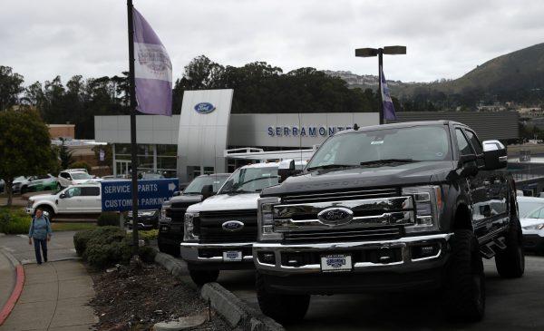 Ford cars and trucks on the sales lot at Serramonte Ford in Colma, Calif., on May 20, 2019. (Justin Sullivan/Getty Images)