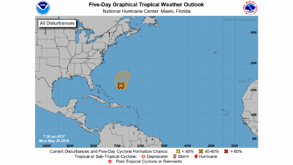 There is a 60 percent chance a low pressure system develops into a tropical cyclone this week southwest of Bermuda, according to the National Hurricane Center. (NHC)