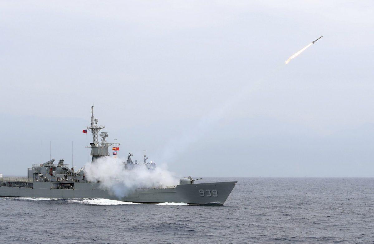 Taiwan Navy's Perry-class frigate launches an ASROC (anti-submarine rocket) during a naval exercise off Hualien County, eastern Taiwan, on May 22, 2019. (Chiang Ying-ying/AP Photo)