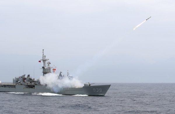 Taiwan Navy's Perry-class frigate launches an ASROC (anti-submarine rocket) during a naval exercise off Hualien County, eastern Taiwan, on May 22, 2019. (Chiang Ying-ying/AP)