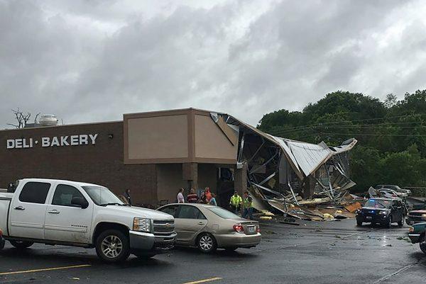 Missouri State Highway Patrol shows the storm damage from a suspected tornado in Wright County at the Town and Country Supermarket in Hartville, Mo., on May 21, 2019. (Missouri State Highway Patrol via AP)