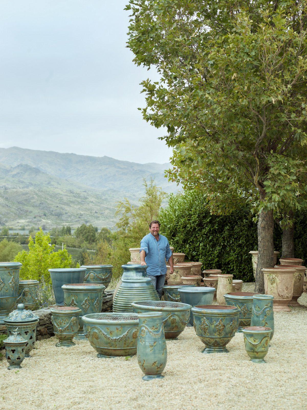 'The French Potter,' Yannick Fourbet, with a selection of his horticultural pots at his home in the Domaine Rewa vineyard on New Zealand's South Island. (Rachael McKenna)