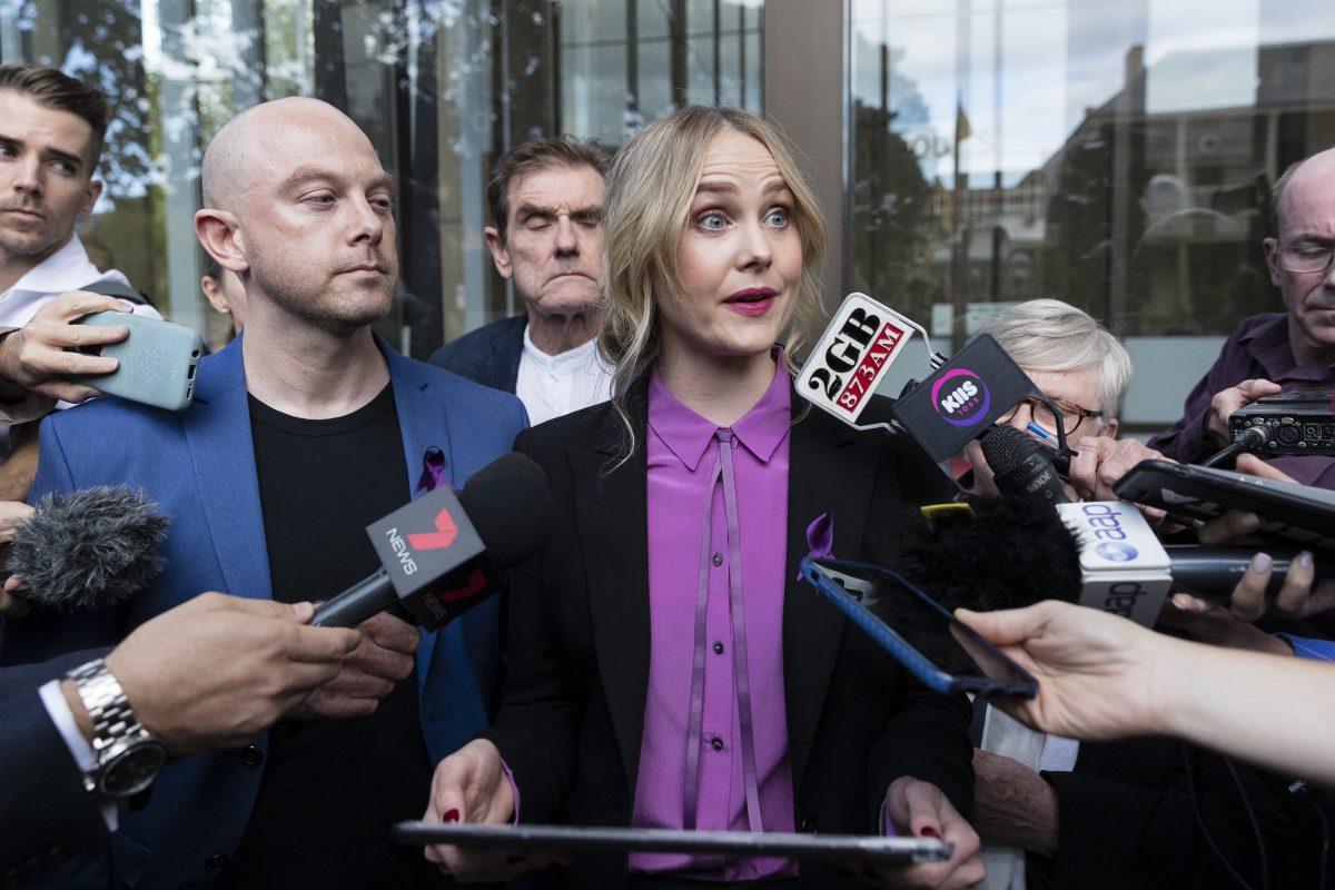 Eryn Jean Norvill (C) speaks to the media after A$850,000 damages were awarded to Geoffrey Rush on April 11, 2019 in Sydney, Australia. (Brook Mitchell/Getty Images)