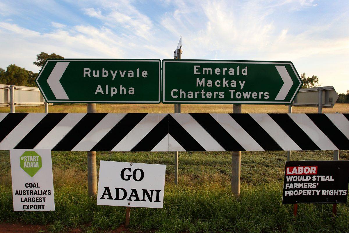Pro-Adani signs are seen on the road side at the Clermont township turn-off on April 29, 2019 in Clermont, Australia. (Lisa Maree Williams/Getty Images)