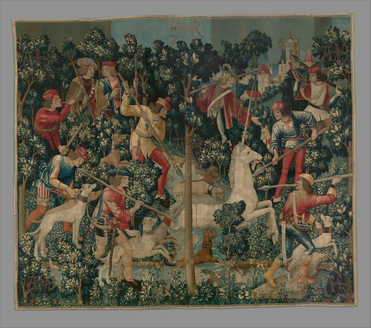 “The Unicorn Is Attacked,” 1495–1505, South Netherlandish. Wool warp with wool, silk, silver, and gilt wefts; 145 inches by 168 inches. Gift of John D. Rockefeller Jr., 1937, The Met Cloisters. (The Metropolitan Museum of Art )