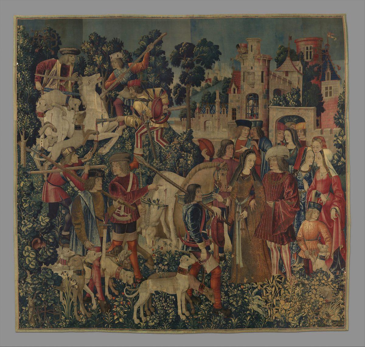 “The Unicorn Is Killed and Brought to the Castle,” 1495–1505, South Netherlandish. Wool warp with wool, silk, silver, and gilt wefts; 145 inches by 153 inches. Gift of John D. Rockefeller Jr., 1937, The Met Cloisters. (The Metropolitan Museum of Art )