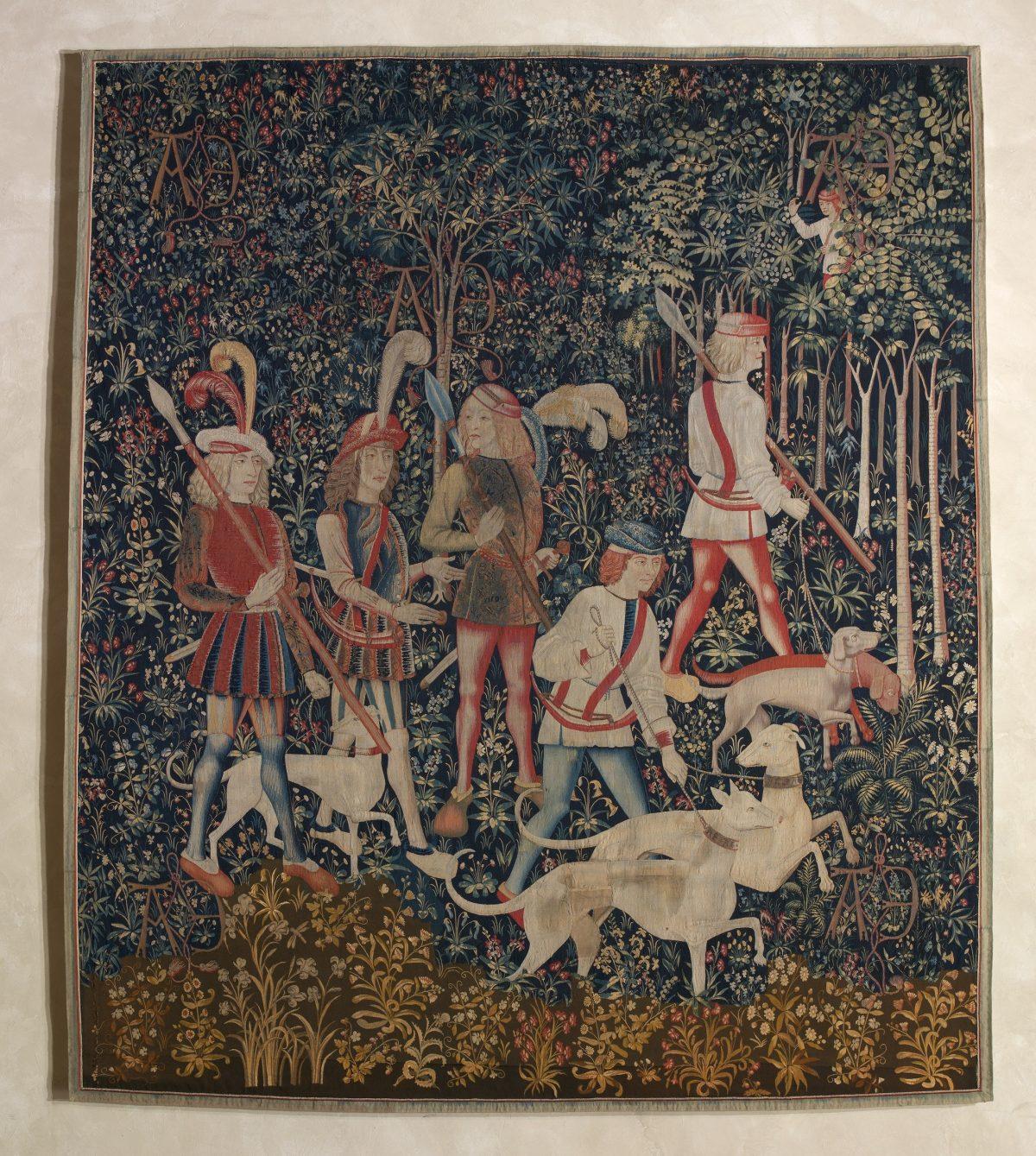 “The Hunters Enter the Woods,” 1495–1505, South Netherlandish. Wool warp with wool, silk, silver, and gilt wefts; 145 inches by 124 inches. Gift of John D. Rockefeller Jr., 1937, The Met Cloisters. (The Metropolitan Museum of Art )
