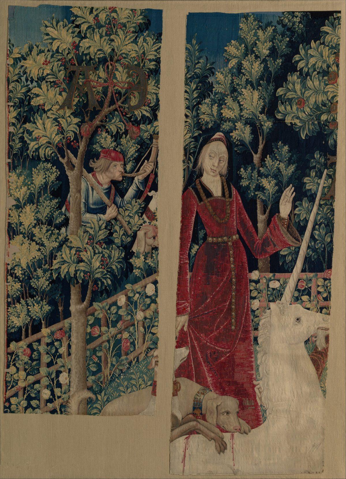“The Mystic Capture of the Unicorn,” 1495–1505, South Netherlandish. Wool warp with wool, silk, silver, and gilt wefts; 78 inches by 25 1/2 inches. Gift of John D. Rockefeller Jr., 1938, The Met Cloisters. (The Metropolitan Museum of Art )